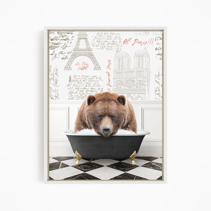 A brown bear is sitting in a bathtub filled with water, surrounded by various texts and images related to Paris, including the Eiffel Tower and other landmarks.