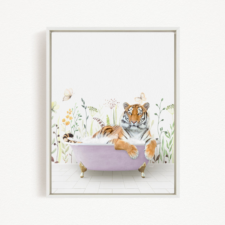 A tiger is sitting in a bathtub filled with water, surrounded by flowers and butterflies.