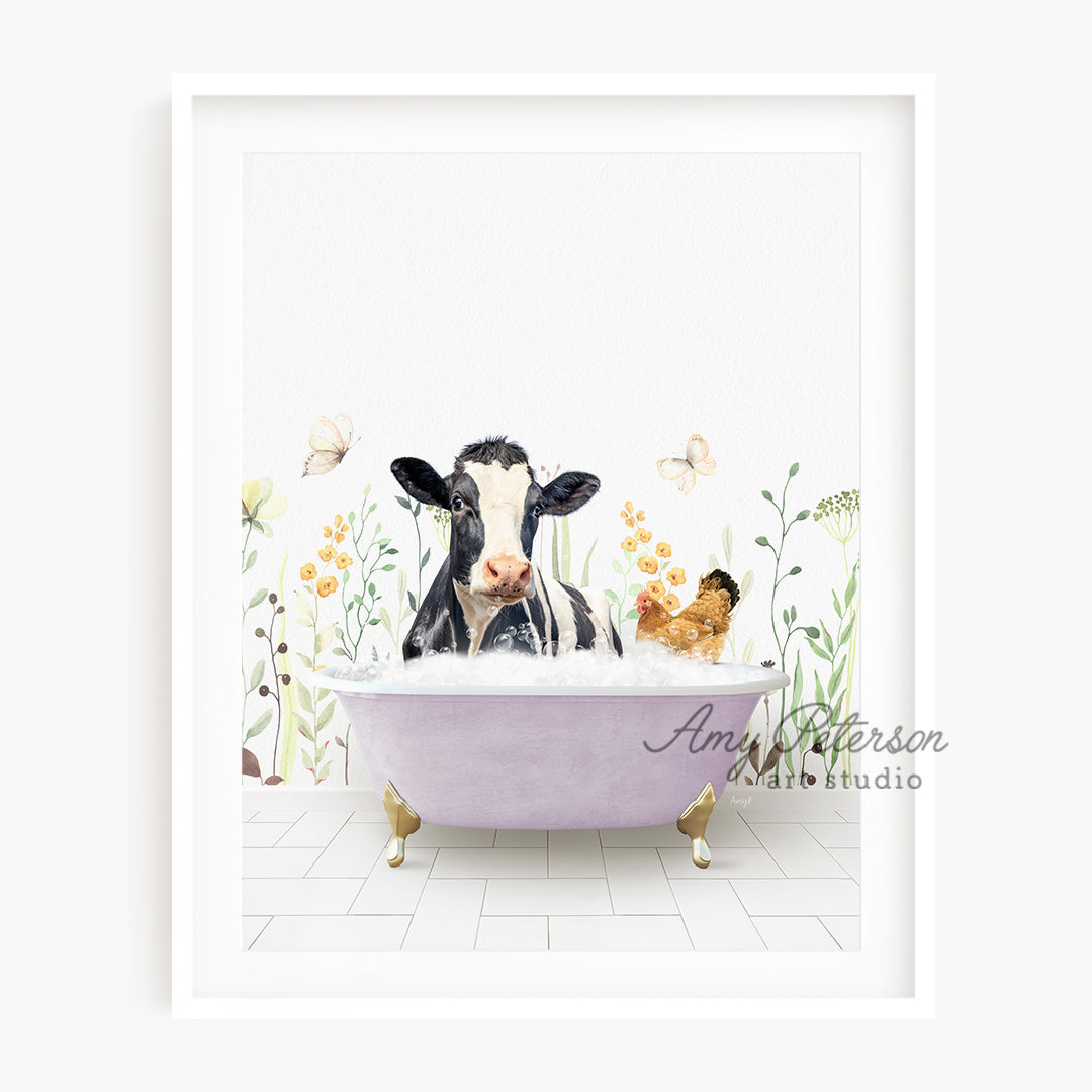 a painting of a cow in a bathtub with chickens