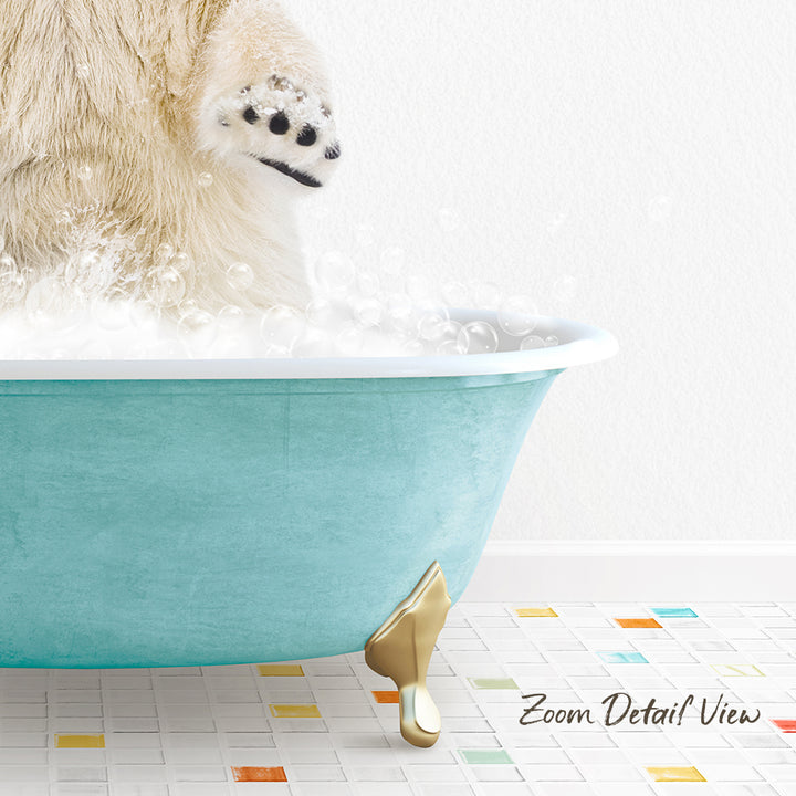 A polar bear is standing in a blue bathtub filled with bubbles, with its paw in the water.