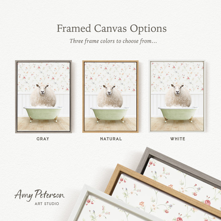 three framed canvas options featuring a sheep in a bathtub, each with a different frame color: gray, natural, and white.