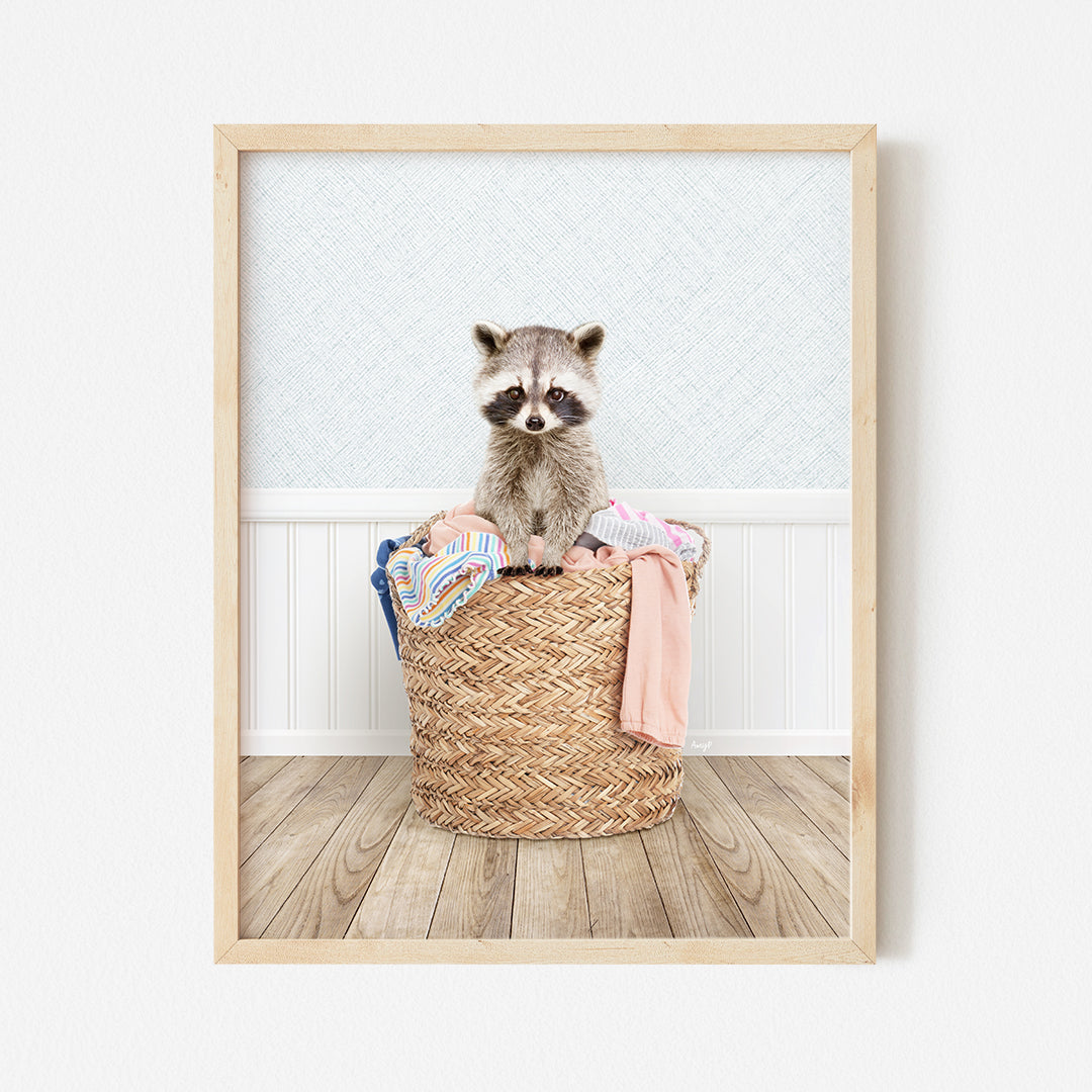 a raccoon is sitting in a basket with clothes