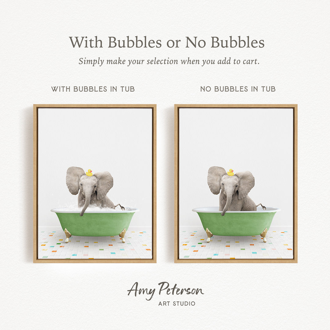 The image is a collage of two pictures featuring an elephant sitting in a green bathtub. The elephant is wearing a yellow rubber duck, and the bathtub is filled with water. The collage includes a text overlay that provides instructions for selecting the desired bathtub, either with bubbles or without bubbles.
