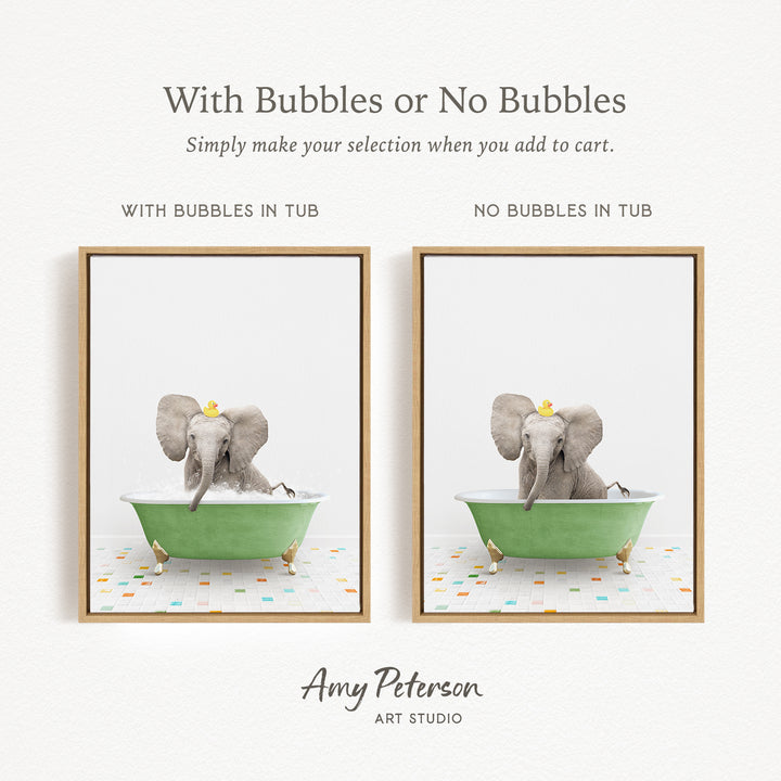 The image is a collage of two pictures featuring an elephant sitting in a green bathtub. The elephant is wearing a yellow rubber duck, and the bathtub is filled with water. The collage includes a text overlay that provides instructions for selecting the desired bathtub, either with bubbles or without bubbles.