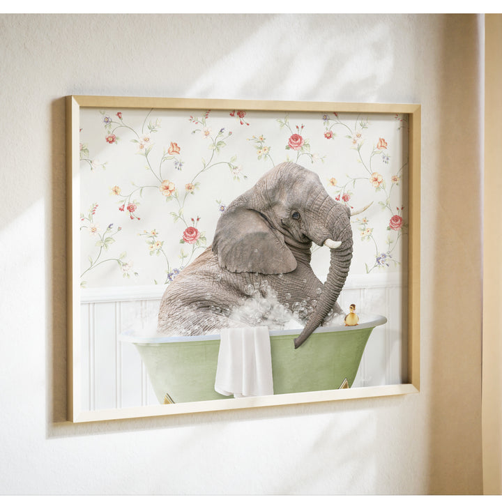 A gray elephant is sitting in a green bathtub, surrounded by a floral patterned wall.