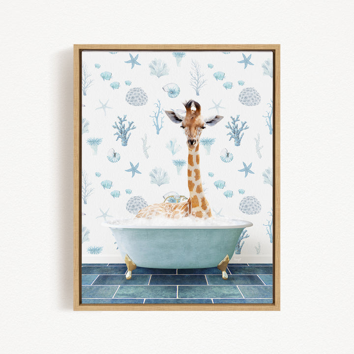 A giraffe sitting in a bathtub filled with water, surrounded by blue and white floral patterns.