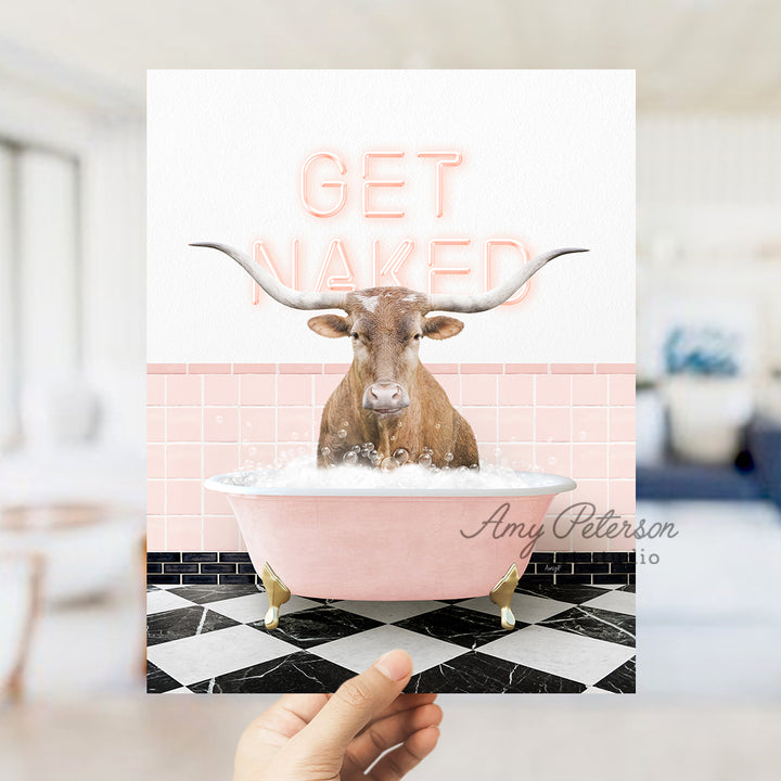 a person holding up a card with a picture of a cow in a bathtub