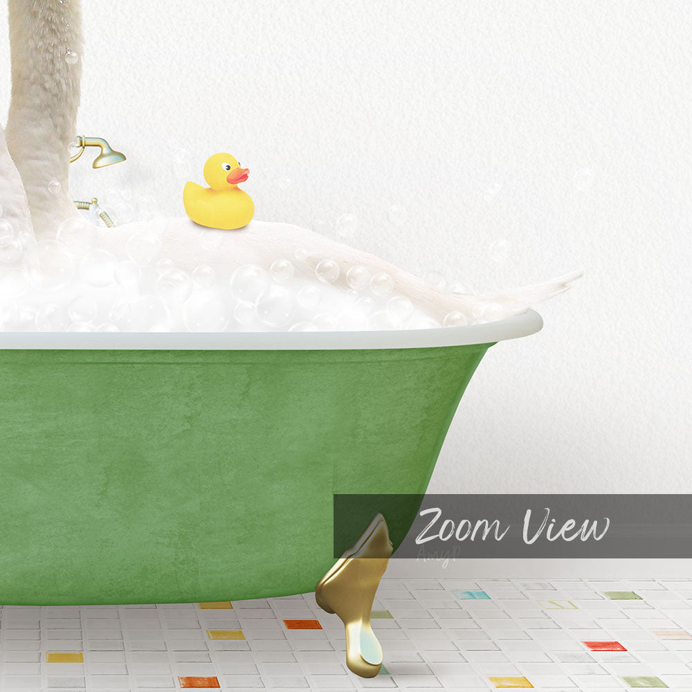 A yellow rubber duck sits in a green bathtub filled with bubbles, with a text overlay indicating a "Zoom View" of the image.