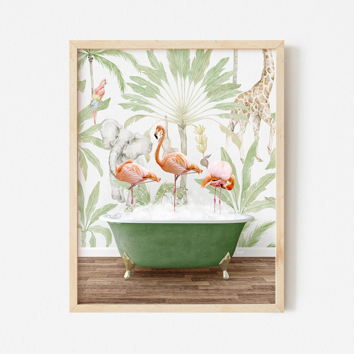 a green bathtub with flamingos and giraffes on a tropical wall