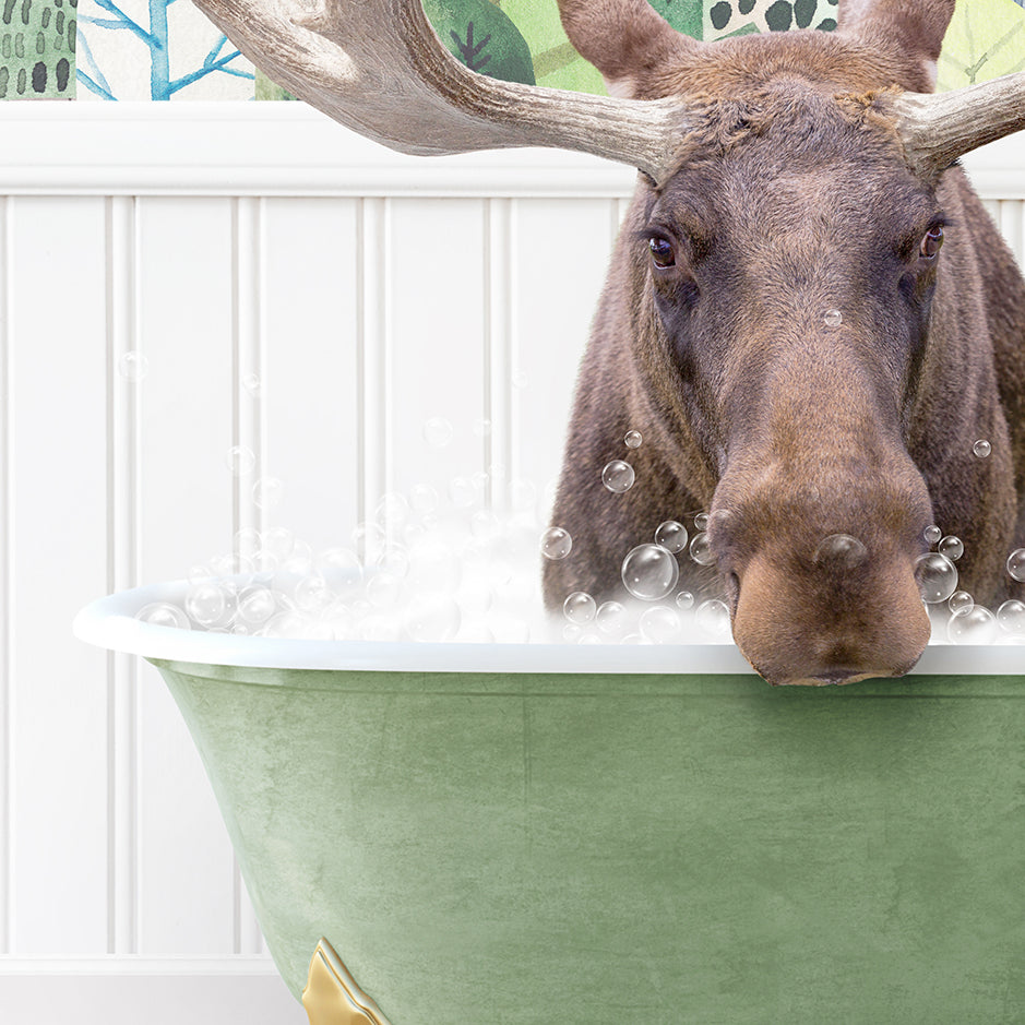 a moose is taking a bath in a bathtub