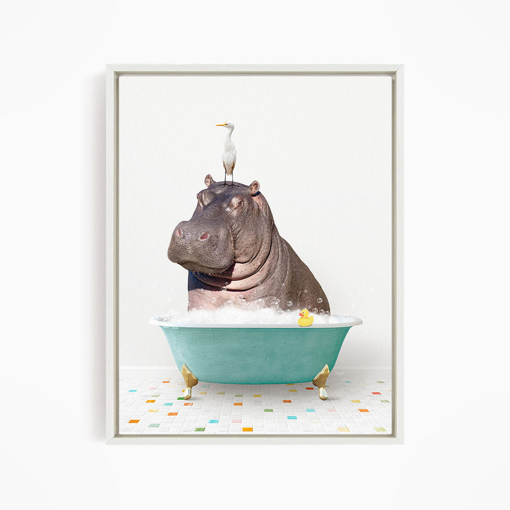 A large hippopotamus is sitting in a green bathtub filled with bubbles, with a bird perched on its head.