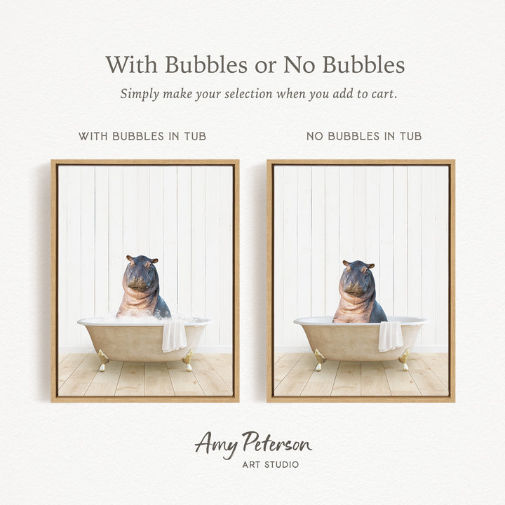 The image is a collage of two pictures, each featuring a hippopotamus sitting in a bathtub. The first picture has bubbles in the tub, while the second picture does not have bubbles. The text above the images reads "With Bubbles or No Bubbles Simply make your selection when you add to cart."