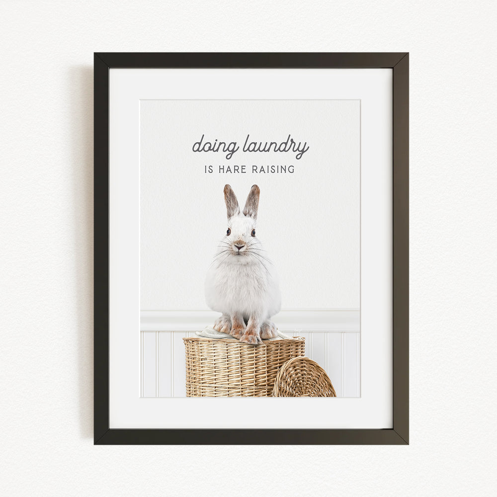 A framed image of a white rabbit sitting on a woven basket, with the text "Doing laundry is Hare raising" displayed above the rabbit.