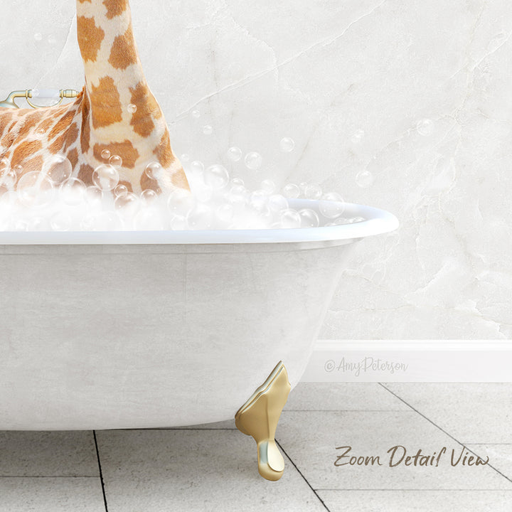 A giraffe standing in a bathtub filled with bubbles, with a white marble wall in the background.