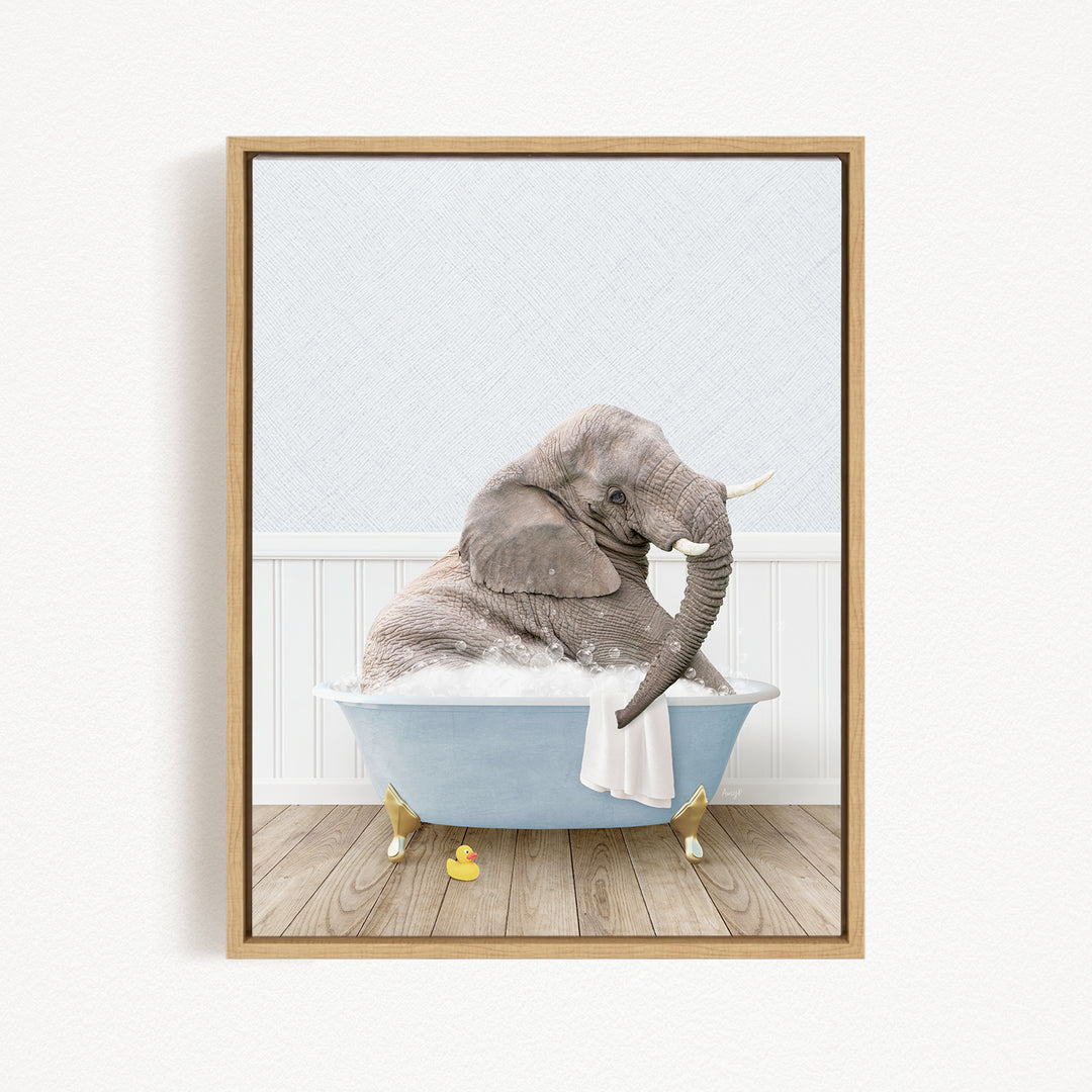 A gray elephant sitting in a blue bathtub filled with water, surrounded by yellow rubber duckies.