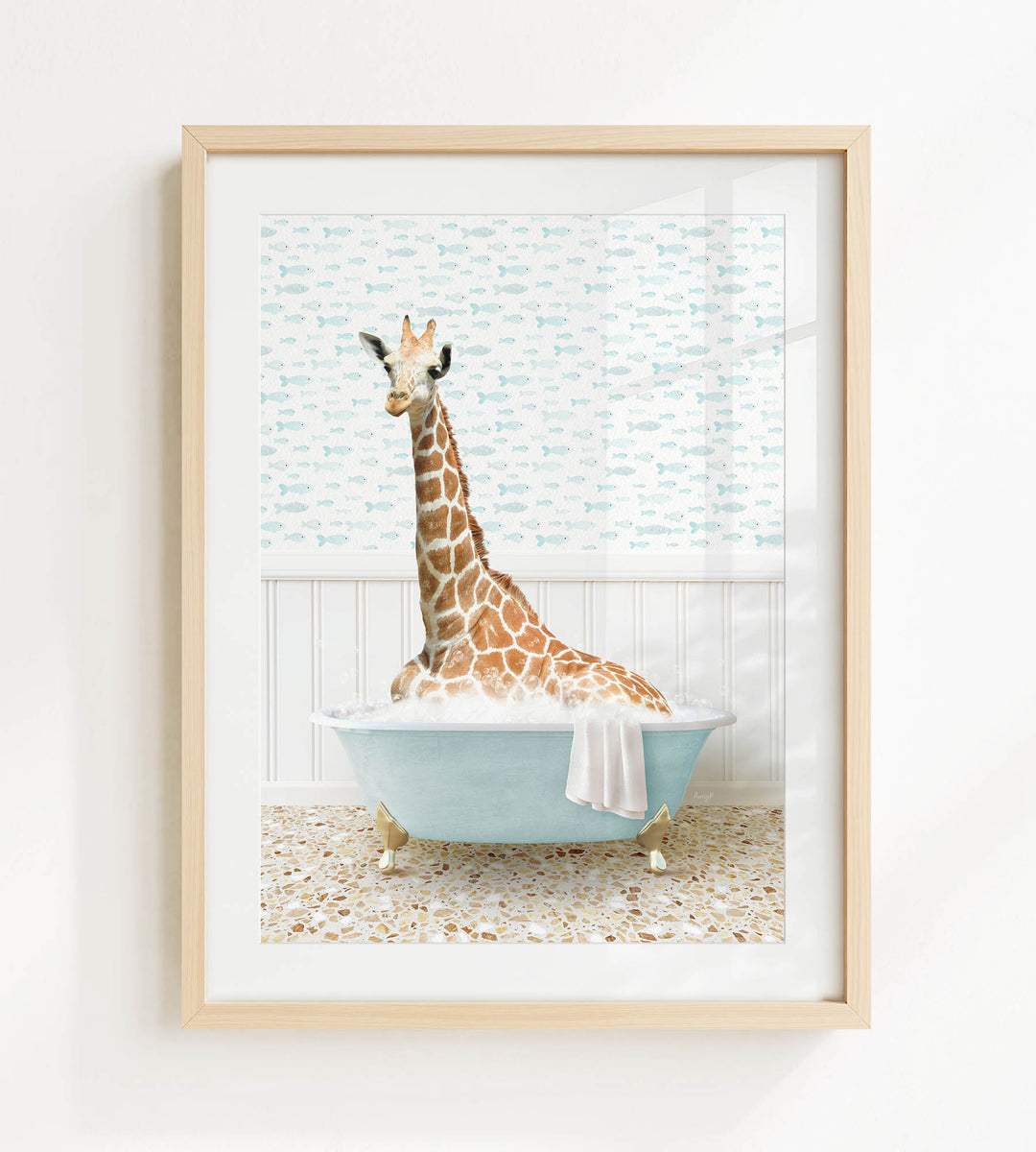 A giraffe sitting in a blue bathtub filled with water, surrounded by a patterned wall.