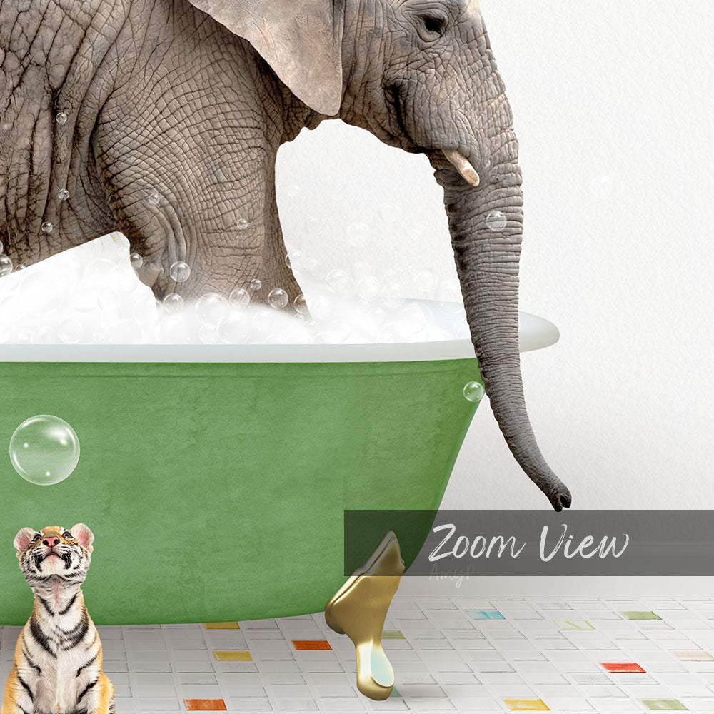 A large elephant is taking a bath in a green tub, surrounded by bubbles, while a tiger sits nearby on the floor.