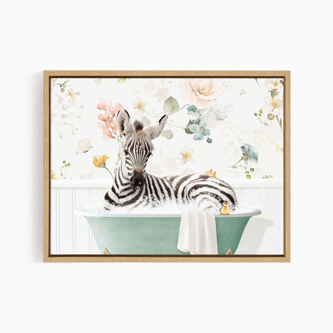 A zebra is sitting in a green bathtub, surrounded by flowers and greenery, creating a whimsical and charming scene.