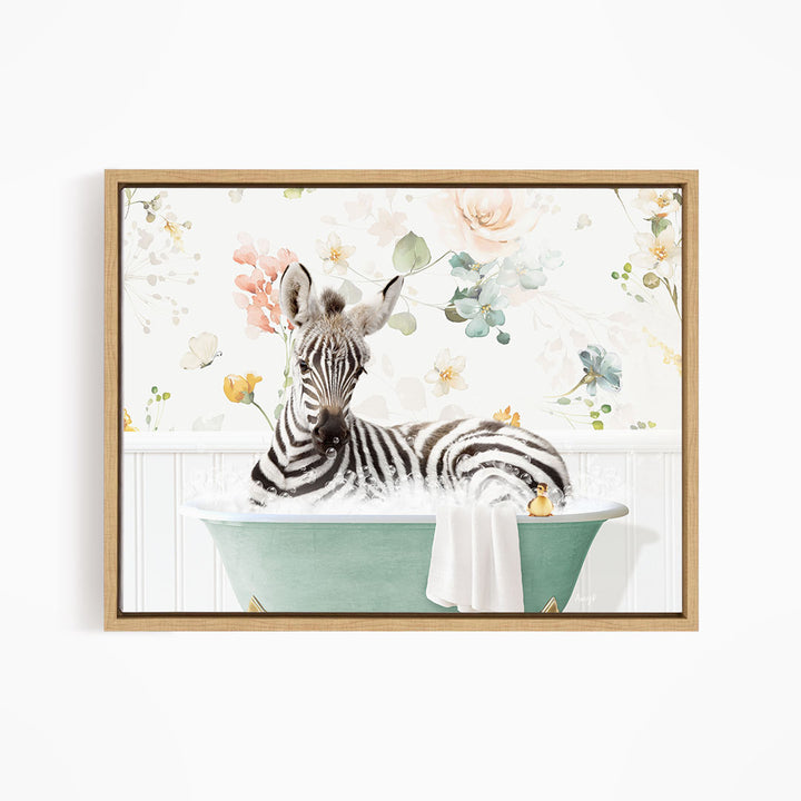 A zebra is sitting in a green bathtub, surrounded by flowers and greenery, creating a whimsical and charming scene.