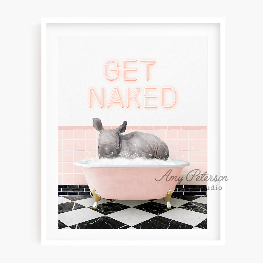 a picture of a rhino in a bathtub with the words get naked above it