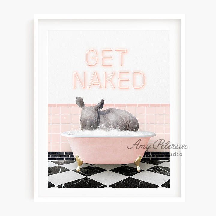 a picture of a rhino in a bathtub with the words get naked above it