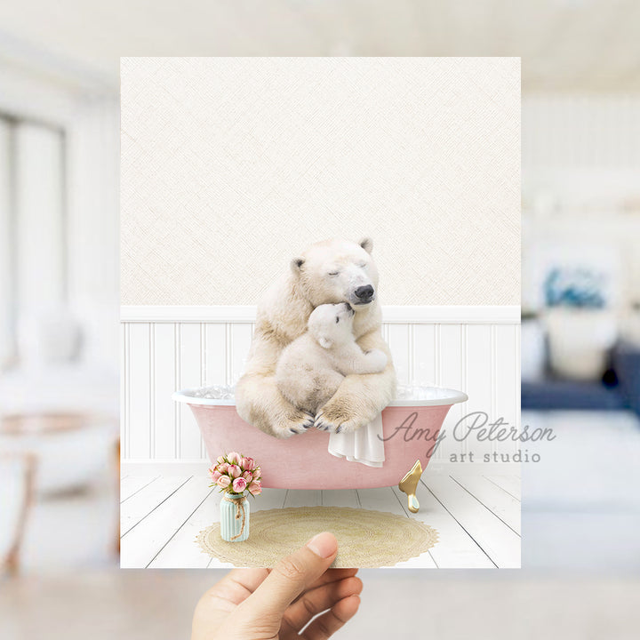 a person holding a polar bear in a bathtub