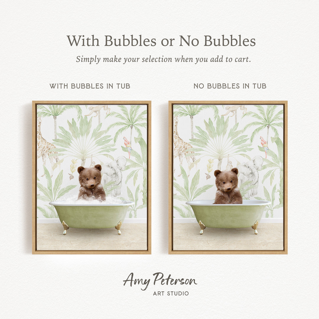 The image is a collage of two framed pictures, each featuring a bear sitting in a bathtub. The bear in the bathtub has bubbles, while the bear in the other bathtub does not have bubbles. The collage is titled "With Bubbles or No Bubbles" and is created by Amy Peterson from Art Studio.