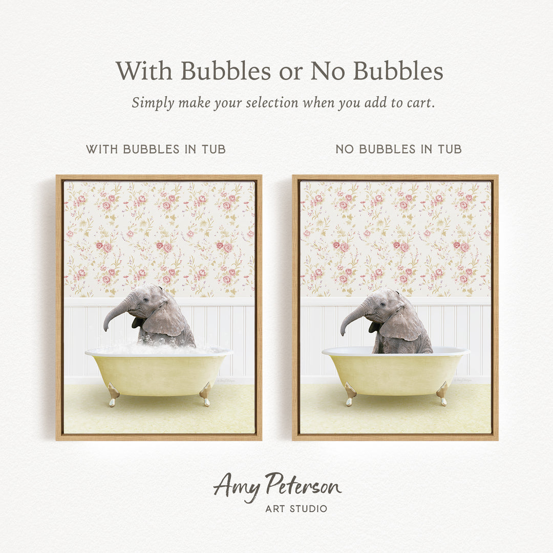 The image is a collage of two pictures, each featuring an elephant sitting in a bathtub. The first picture has bubbles in the tub, while the second picture does not have bubbles. The text above the images reads "With Bubbles or No Bubbles Simply make your selection when you add to cart."