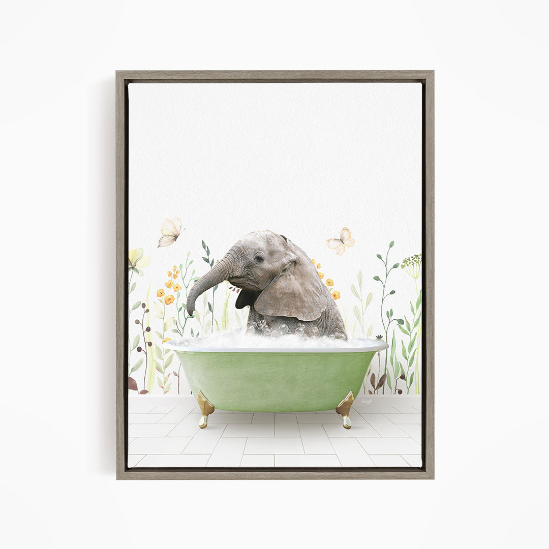 A baby elephant sitting in a green bathtub filled with water, surrounded by flowers and butterflies.