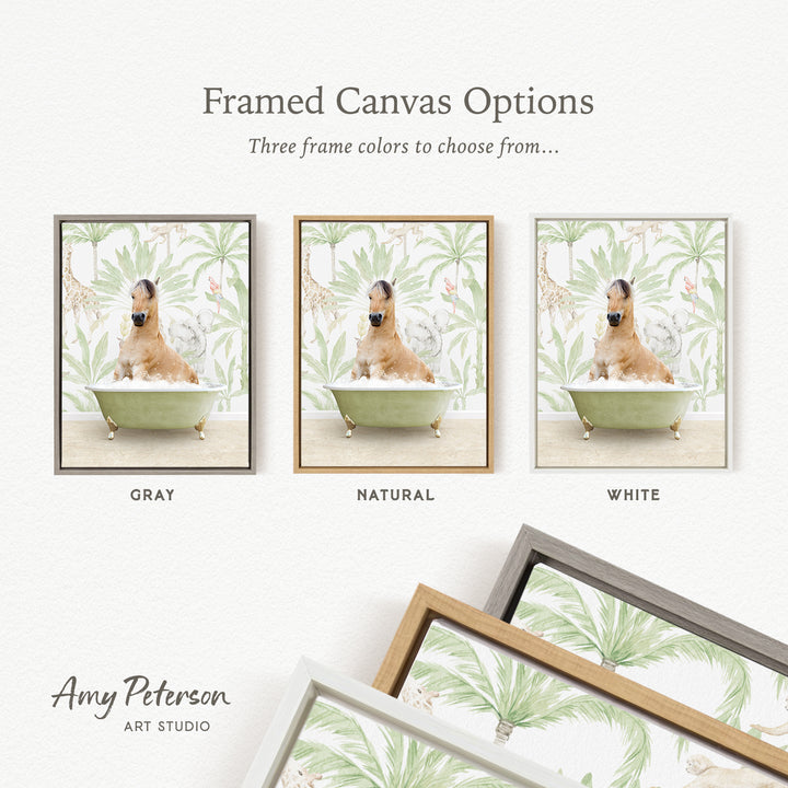 three framed canvas options featuring a dog sitting in a bathtub, each with a different frame color: gray, natural, and white.