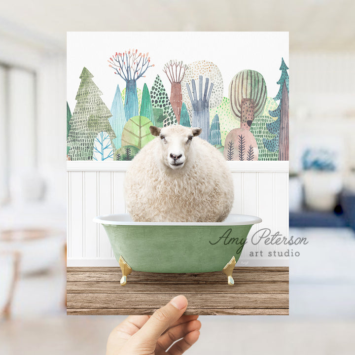 a person holding a card with a picture of a sheep in a bathtub