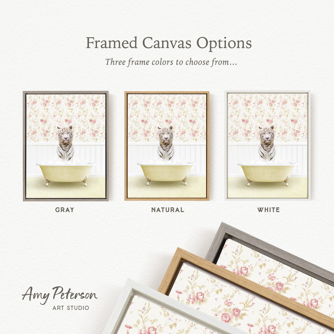 The image is a framed canvas option showcasing three different framed canvas options, each with a different color: gray, natural, and white.