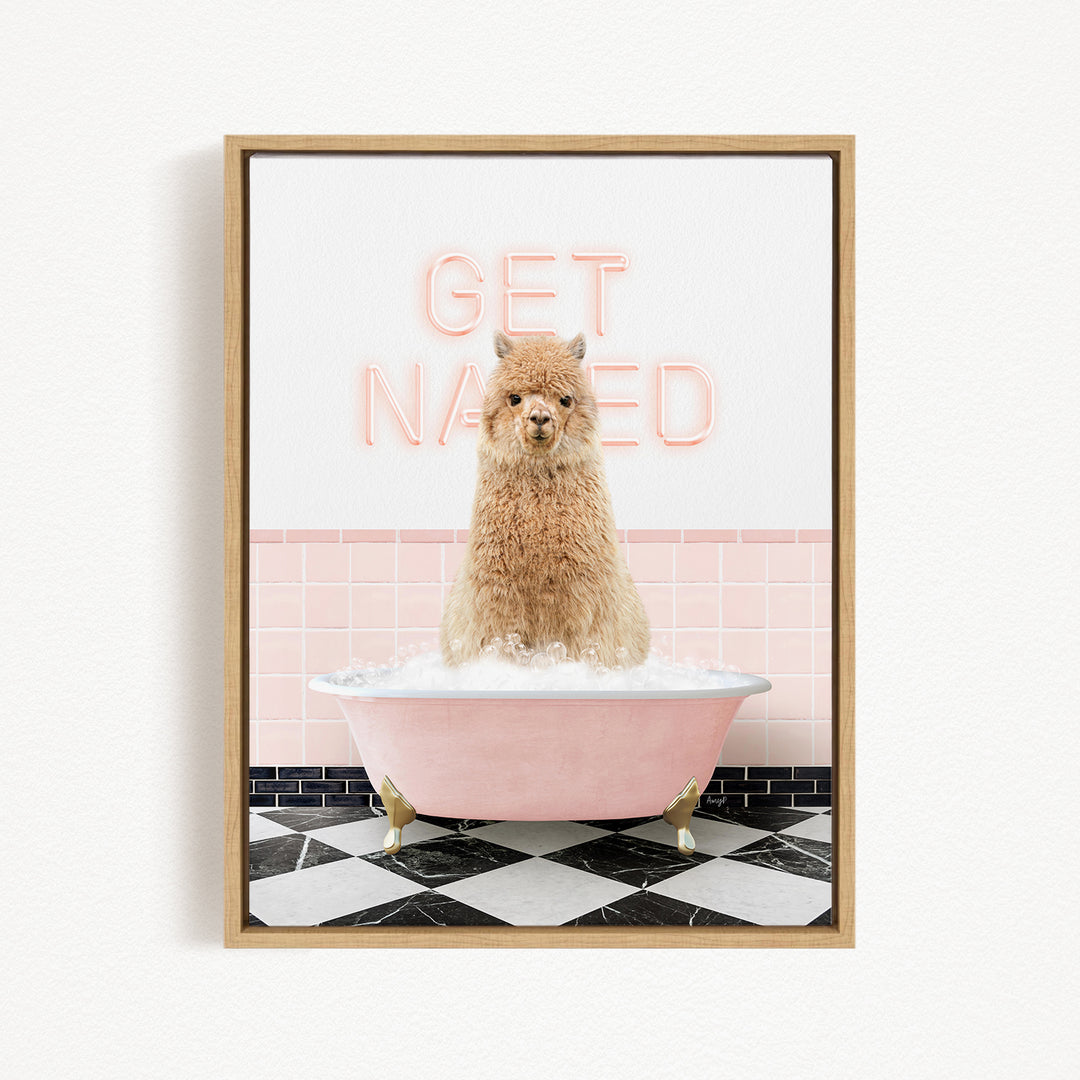 A fluffy brown dog sitting in a pink bathtub filled with bubbles, with the words "GET NAUGED" written in neon pink letters above it.