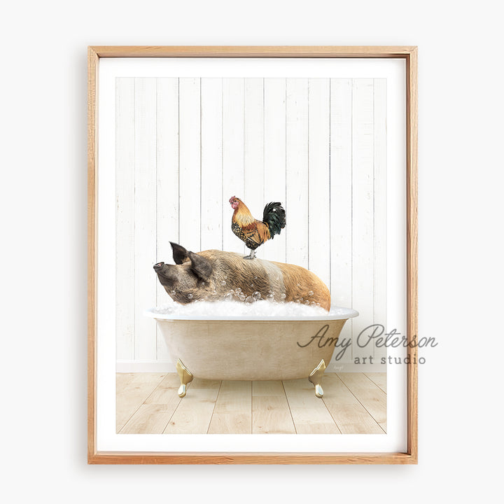 a picture of a dog and a chicken in a bathtub