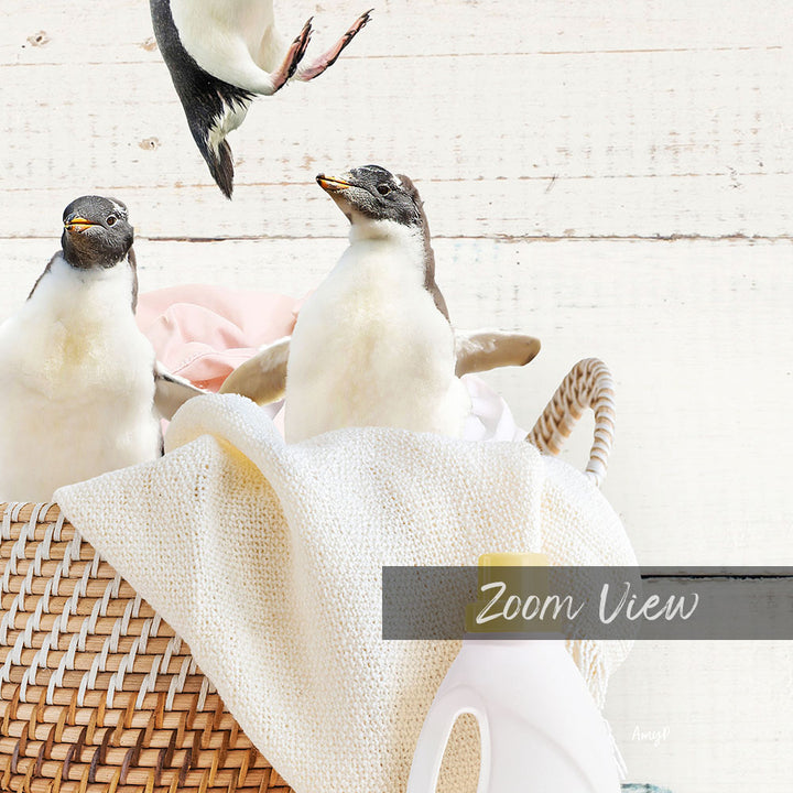 A group of penguins sitting in a woven basket, with a bottle of detergent visible in the foreground.