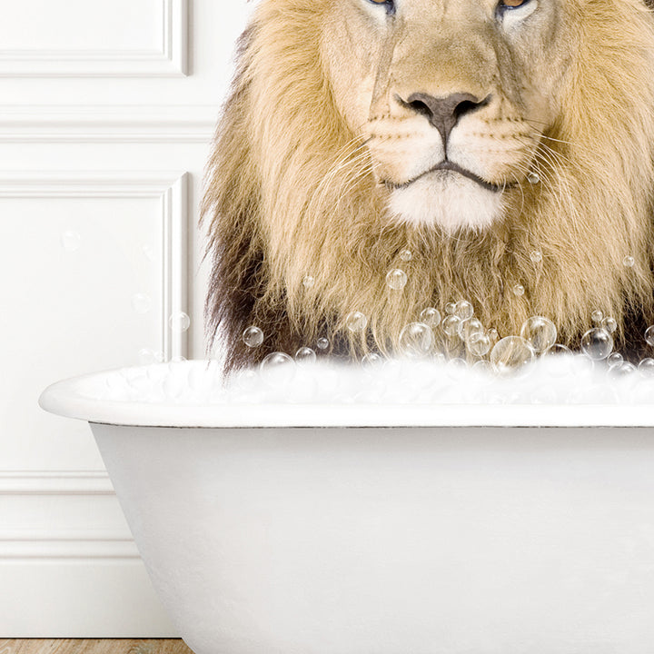 a lion is sitting in a bathtub with bubbles