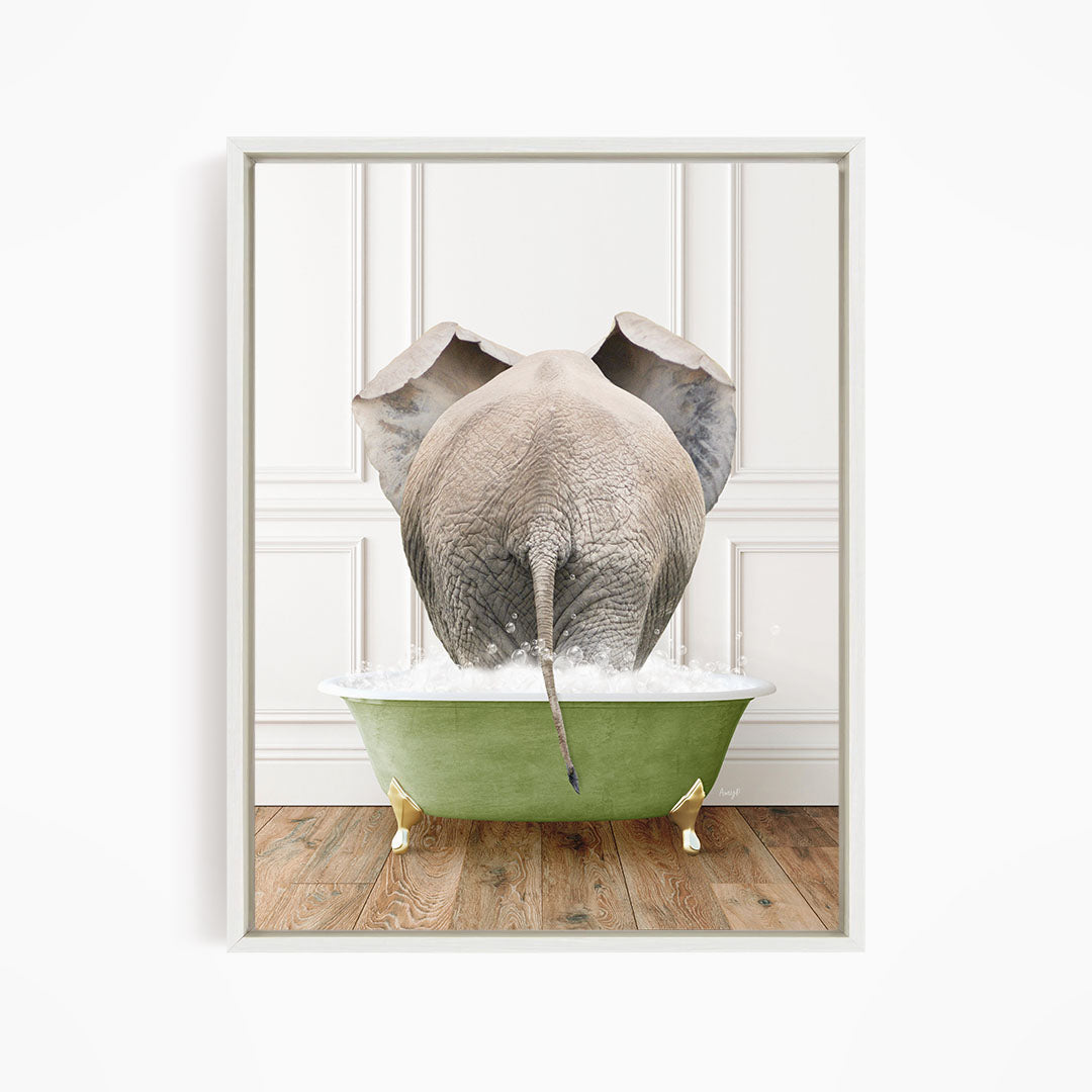 An elephant is standing in a green bathtub filled with water, creating a whimsical and playful scene.