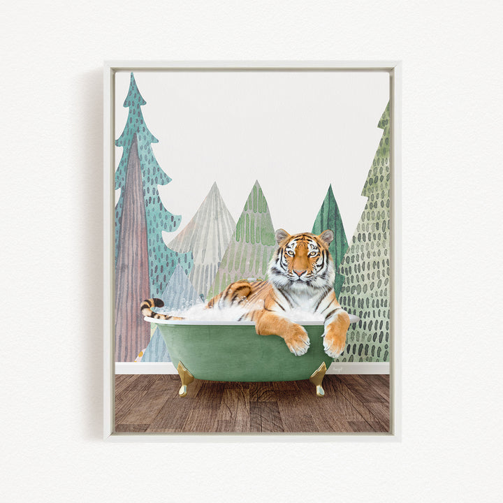 A tiger is sitting in a green bathtub, surrounded by a forest scene with trees and mountains in the background.