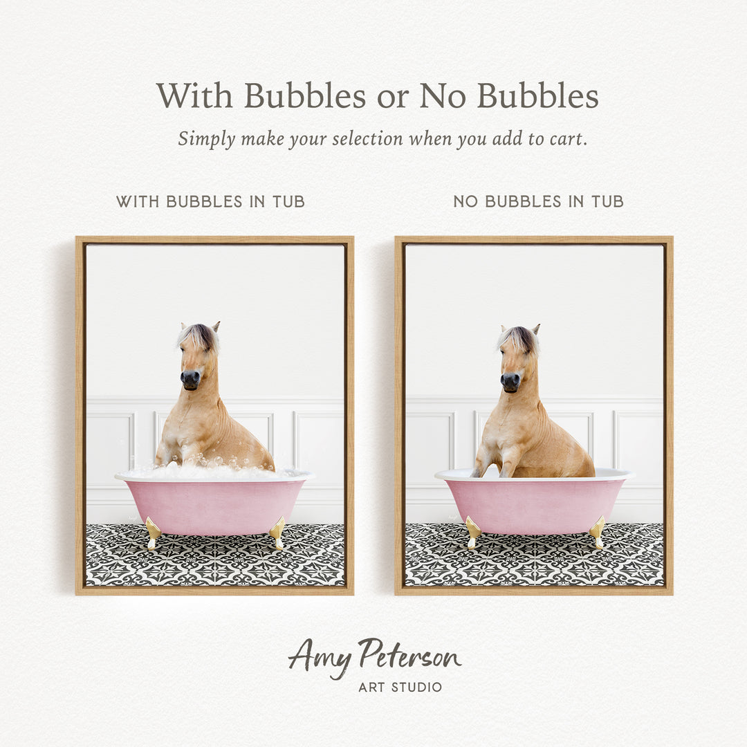 The image is a collage of two pictures, each featuring a horse in a tub. The first picture shows a horse sitting in a pink tub, while the second picture shows a horse sitting in a tub without bubbles. The text above the images reads "With Bubbles or No Bubbles Simply make your selection when you add to cart."