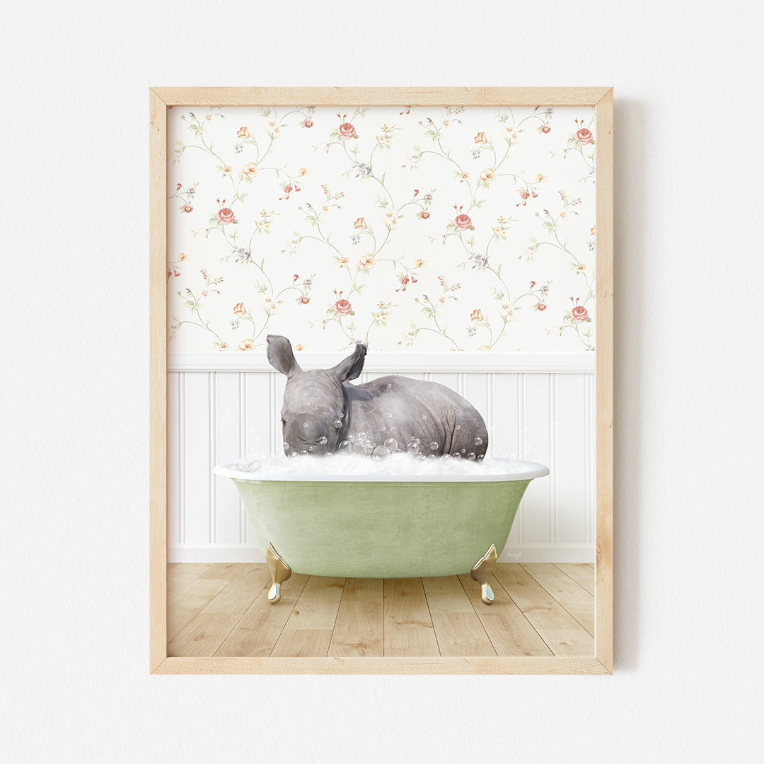 a rhino in a bathtub with flowers on the wall