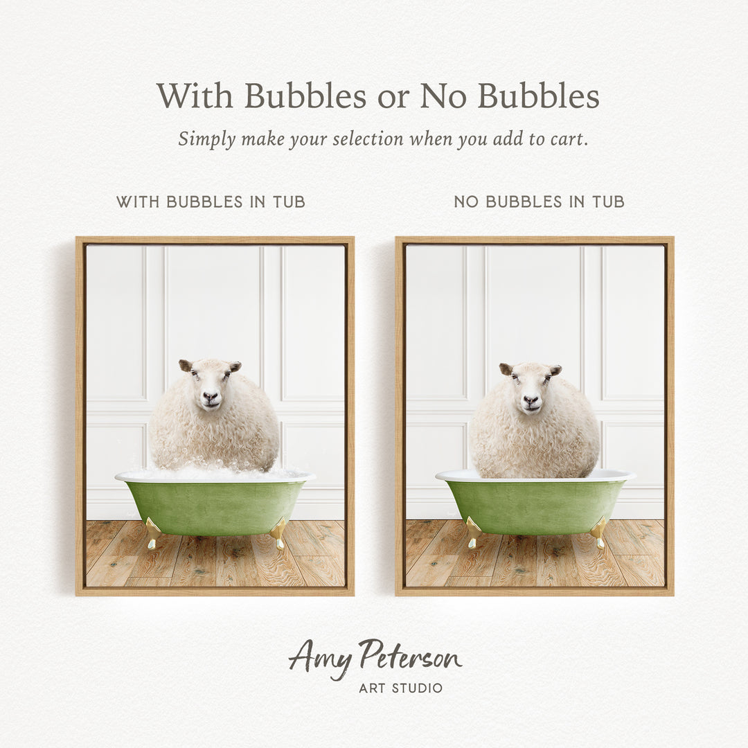 The image is a collage of two framed pictures, each depicting a sheep in a bathtub. The sheep in the green tub has bubbles, while the sheep in the tub without bubbles is simply sitting in the tub. The text above the images reads "With Bubbles or No Bubbles Simply make your selection when you add to cart."
