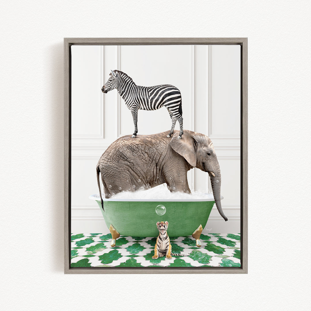 A zebra standing on an elephant's back, with the elephant submerged in a green bathtub, and a small tiger sitting on the edge of the tub.