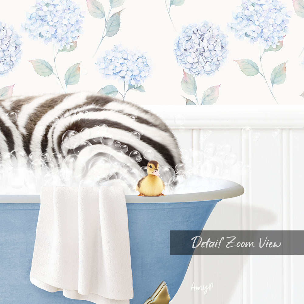 A zebra standing in a blue bathtub filled with bubbles, with a small yellow bird perched on the edge of the tub.