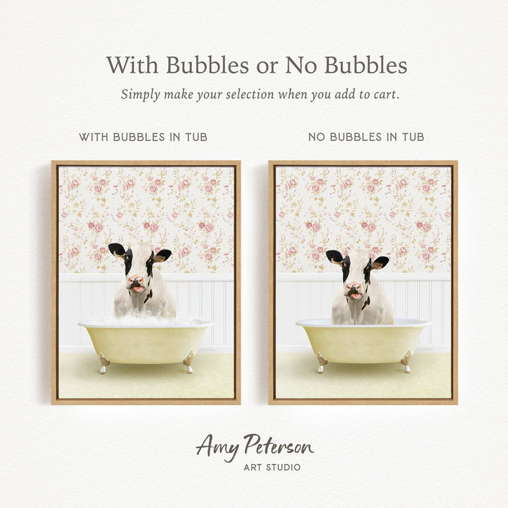 The image is a collage of two pictures featuring a cow sitting in a bathtub. The cow in each picture has bubbles in the tub, creating a playful and whimsical scene.