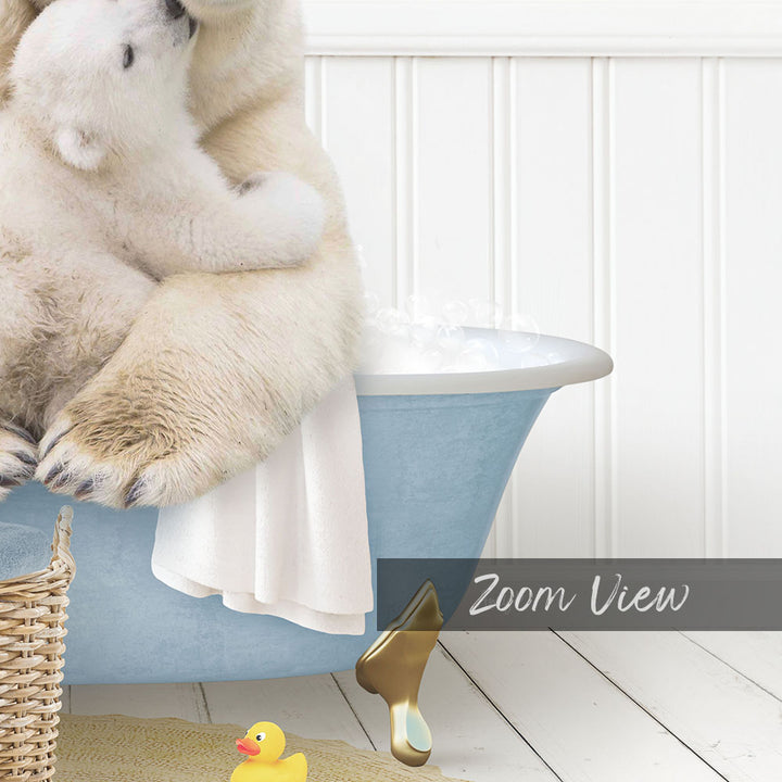 A polar bear sitting in a bathtub, with a yellow rubber duck nearby, and a basket of toys on the floor.