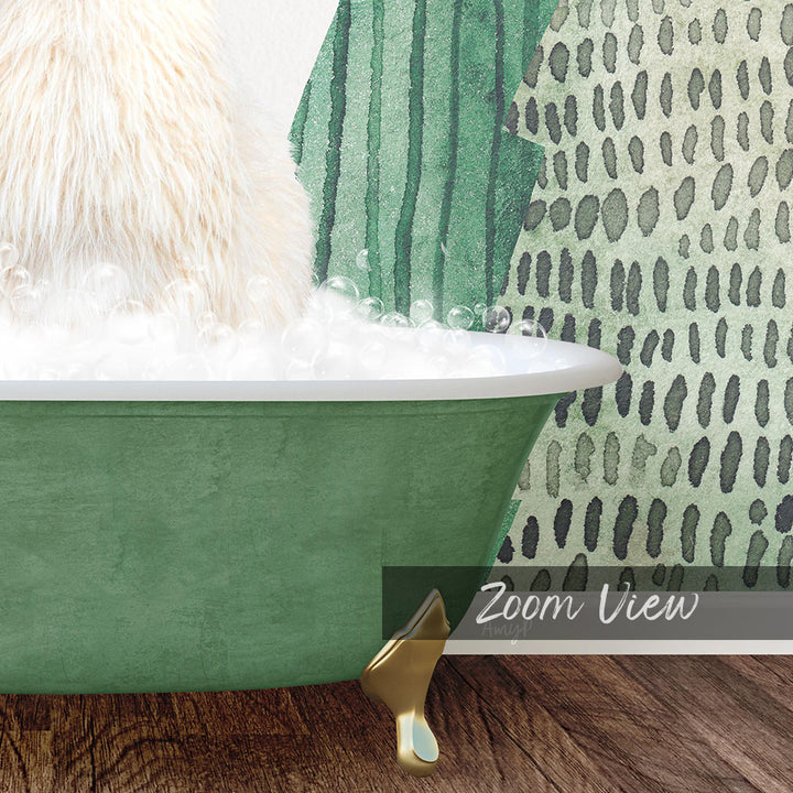 A white fluffy cat sitting in a green bathtub filled with bubbles, with a patterned wall in the background.