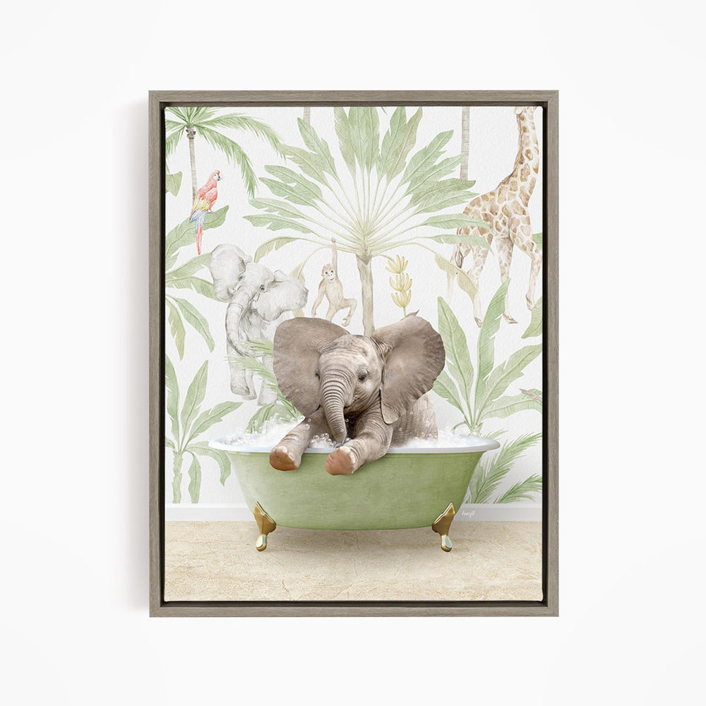 A baby elephant sitting in a green bathtub, surrounded by tropical foliage and other animals, creating a whimsical and playful scene.