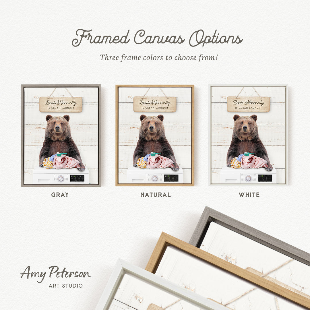 three framed canvas options, each featuring a different color and frame style. The text above the images reads " Framed Canvas Options" and "Three frame colors to choose from!". The text below the images reads "Beach Necessity is Clean Laundry". The artist's name, " Amy Peterson ART STUDIO", is displayed at the bottom of the image.