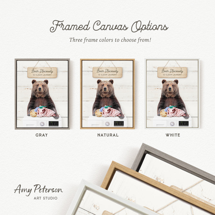 three framed canvas options, each featuring a different color and frame style. The text above the images reads " Framed Canvas Options" and "Three frame colors to choose from!". The text below the images reads "Beach Necessity is Clean Laundry". The artist's name, " Amy Peterson ART STUDIO", is displayed at the bottom of the image.
