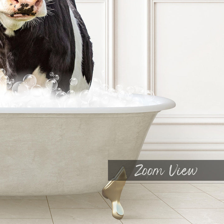A black and white cow standing in a bathtub filled with bubbles, with the text "Zoom View" displayed below the image.